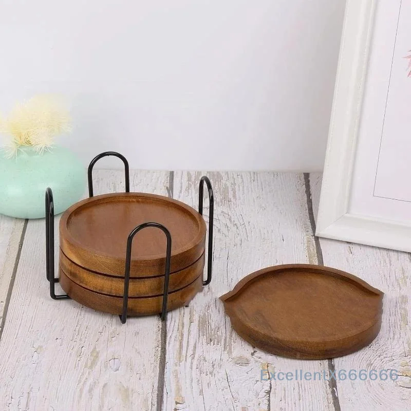 Wooden Cup Coasters Round Groove Design Water Resistant 1/4/6 PCS Non-slip for Office Desk Home Coffee Bar Decoration