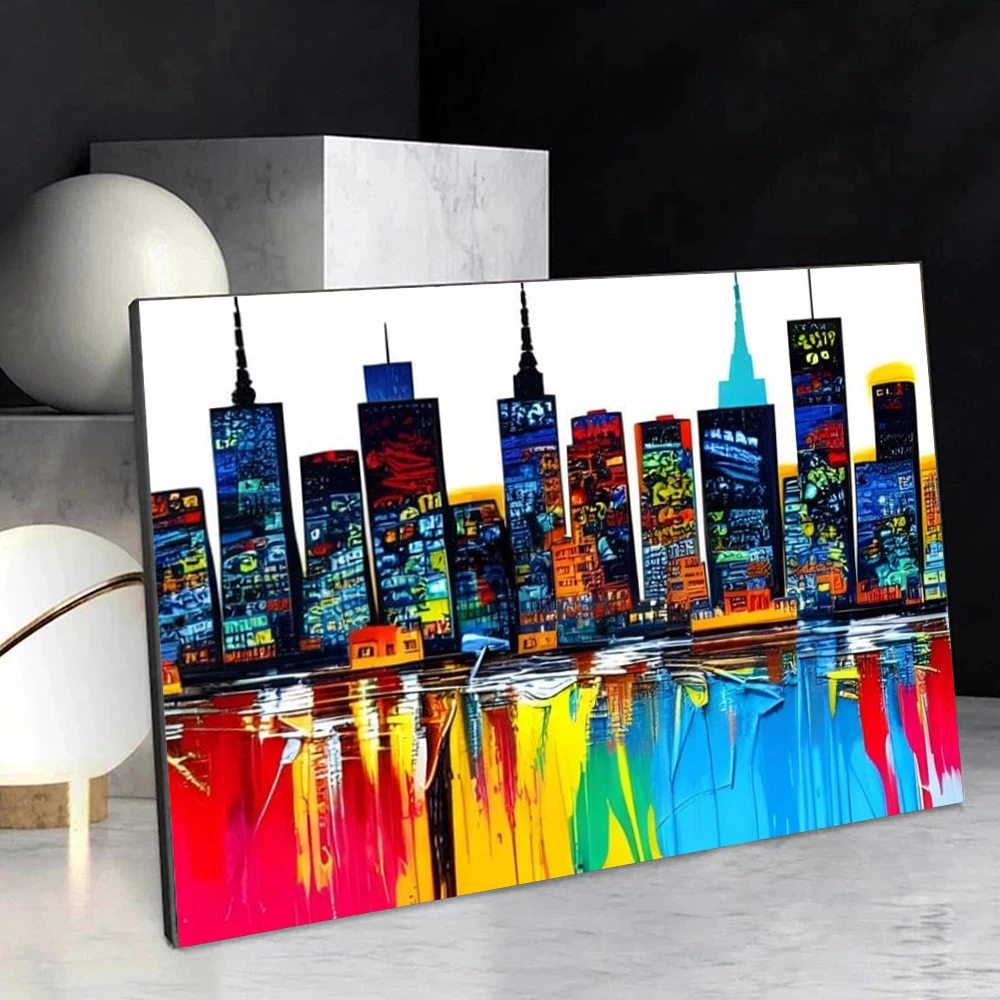 

Abstract Bustling City Building Landscape Posters Colorful Watercolor Graffiti Water Surface Ship Art Canvas Painting Home Decor