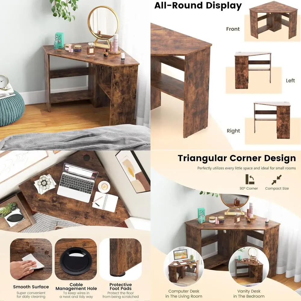 

Угловой стол в деревенском стиле коричневого цвета с местом для хранения и системой организации кабелей для небольших помещений