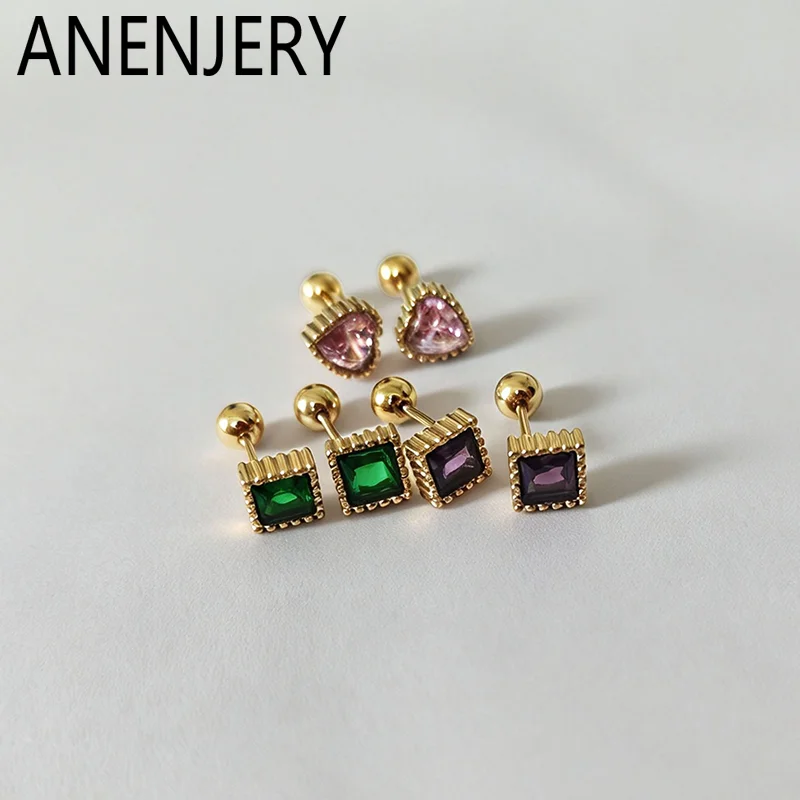 ANENJERY 316L Stainless Steel Squre Heart Zircon Stud Earrings For Women Colored Minimalist Luxury Niche Simple Jewelry Gift
