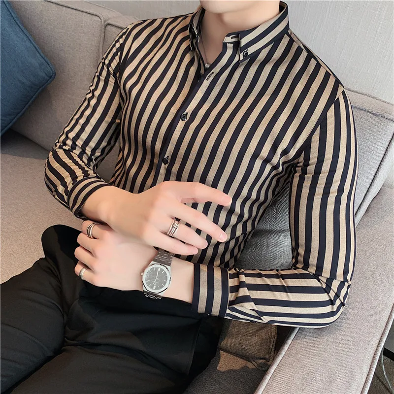 2023 Spring Shirts Men Dress Vertical Stripe Shirts Slim Men Casual Long Sleeve Shirt Male Chemise Homme Tuxedo Shirt