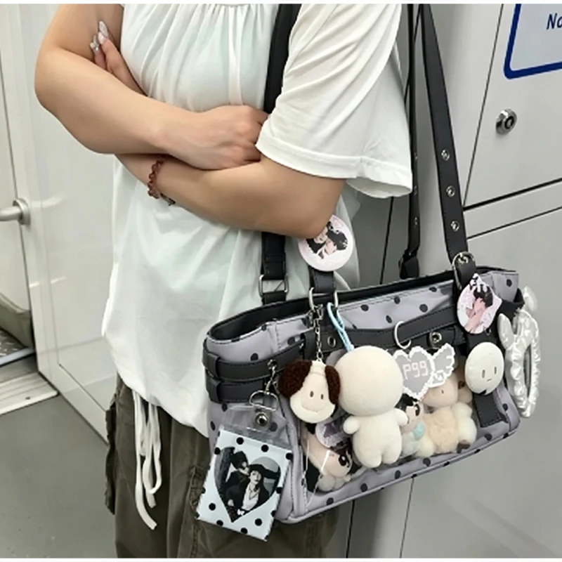 Polka Dot Ita-Tasche mit transparentem Sichtfenster, Damen Anime-Schultertasche, Lolita-Handtasche für Mädchen, Kawaii-Geldbörse mit Gürtelschnallendesign – Detail 9