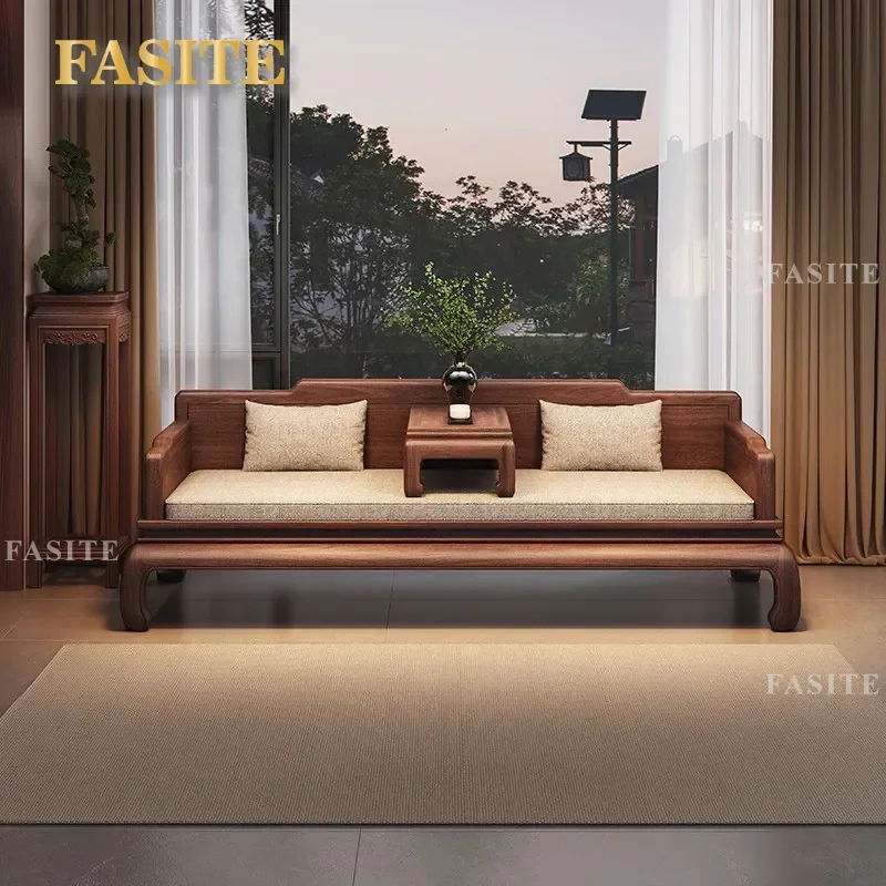 For Small Apartment New Chinese Style Golden Walnut All Solid Wood Arhat Bed Sofa Bed Winter Summer Dual Purpose With Kang