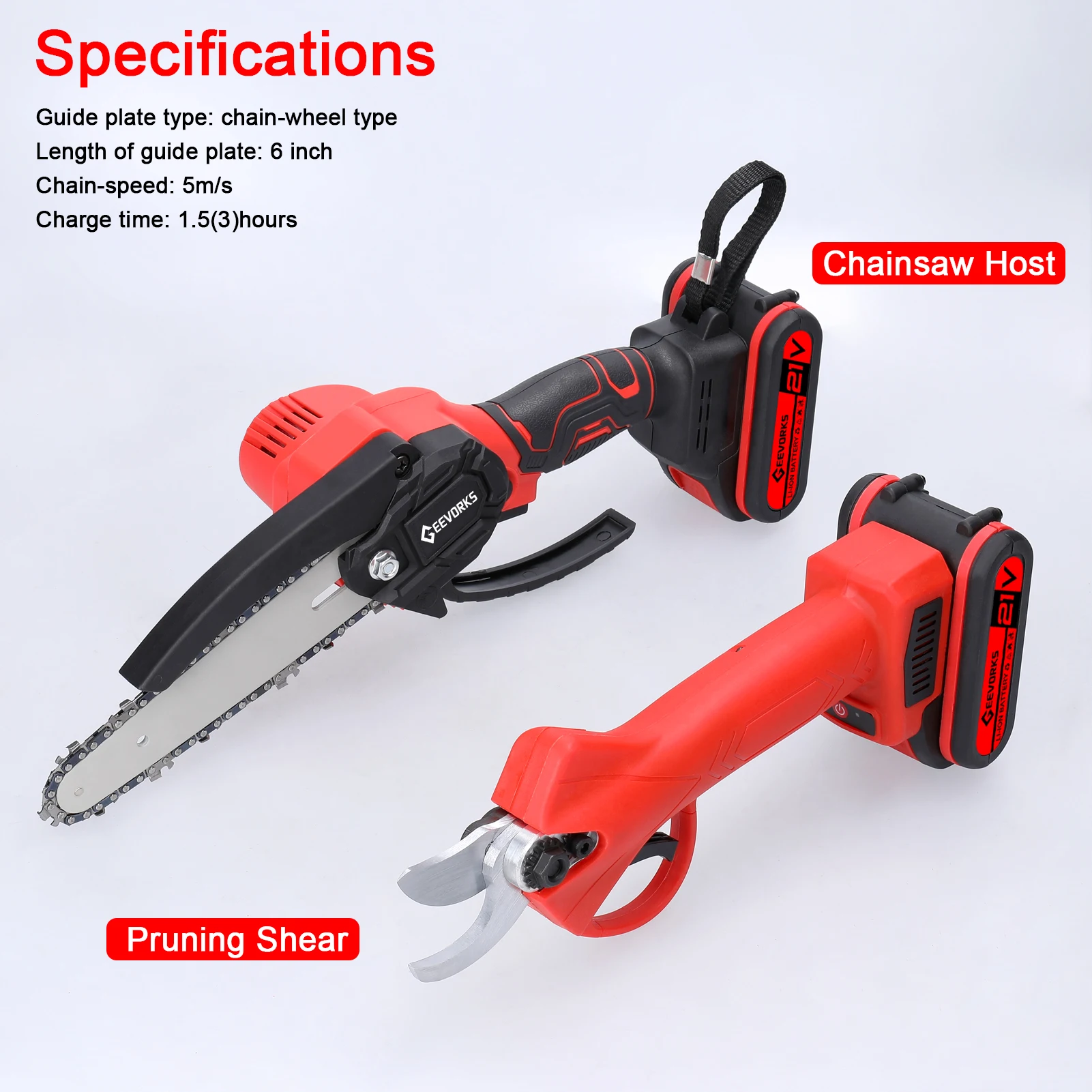 21V 6inch Electric Chainsaw and 25mm Cordless Pruning Shears Set Wood Splitting Cutting Machine Kit Handheld Woodworking Tools