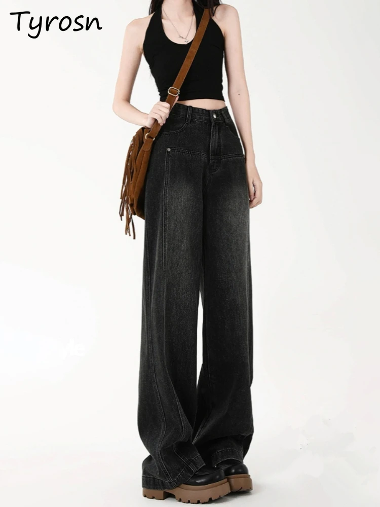 

Jeans for Women Autumn New Design Straight Slender High Waist Wide-leg Full-length Washed Trousers European Style Street Chic