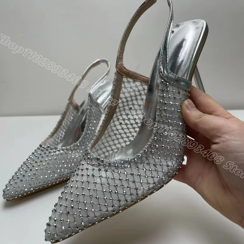 

Silver Hollow Rhinestone Decor Sandals Pointed Toe Slingback British Style Summer Party Dress Shoes 2024 Zapatos Para Mujere