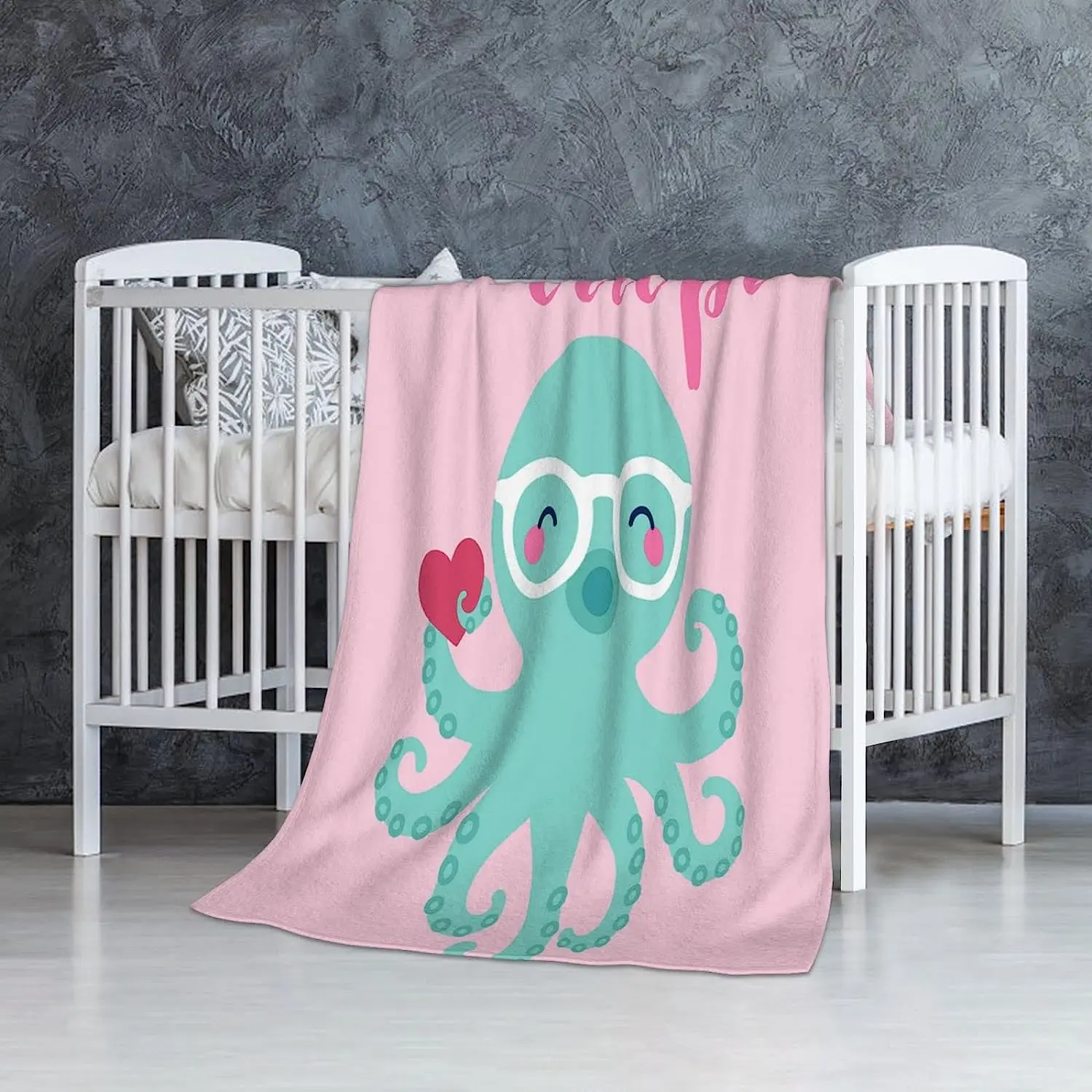 Cute Octopus Woollen Blanket with White Sunglasses and Slogan You Octopi My Heart Valentine‘s Day Design Super Soft