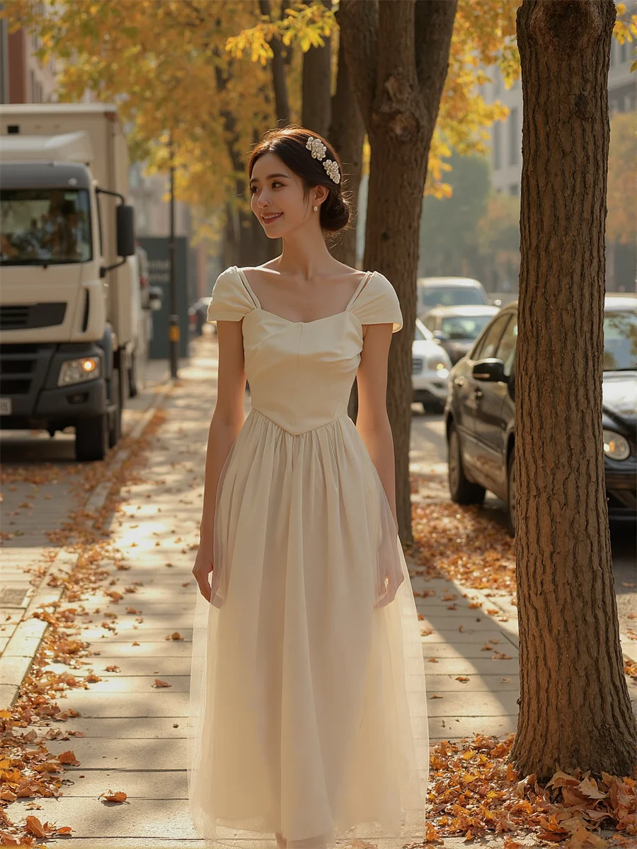 Abiti Midi Stile Francese Puro a Maniche Corte, Abbigliamento Femminile Primaverile con Strass, Abito da Cocktail Sciolto e Chic