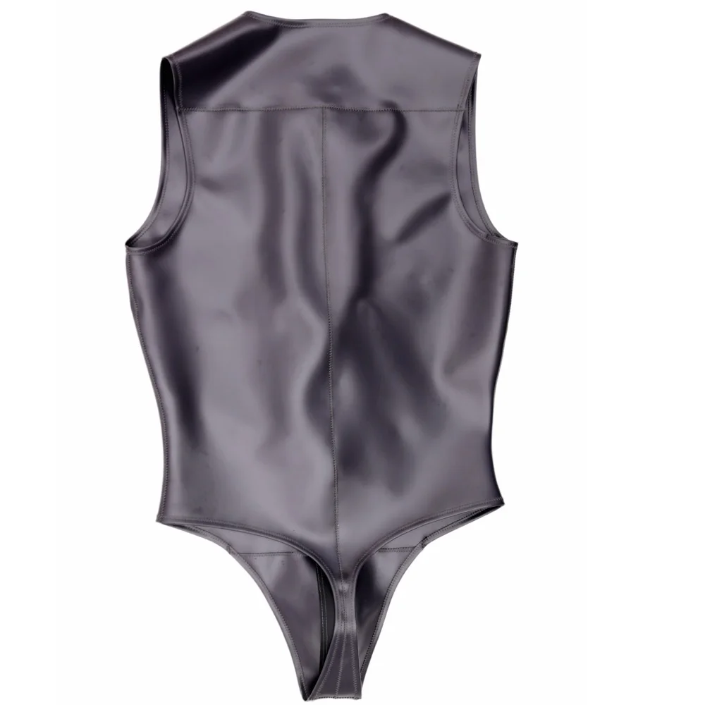 Men Sleeveless Bodysuit Double-Sided PU Leather Wetlook Shiny Leotard  Zipper T Crotch Convex Pouch Glossy One-Piece Top Costume