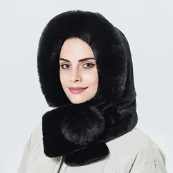 Winter Scarf Set Hooded for Women Plush Neck Warm Russia Outdoor Ski Windproof Hat Thick Plush Fluffy Beanies Fur Hats