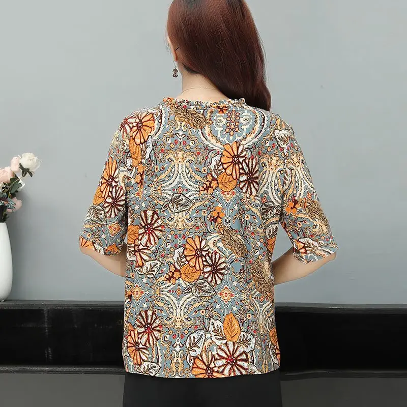 Women\'s Clothing Round Neck Button Shirt Vintage Floral Printed Summer Half Sleeve Elegant Folds Commute Daily Loose Blouse 2024