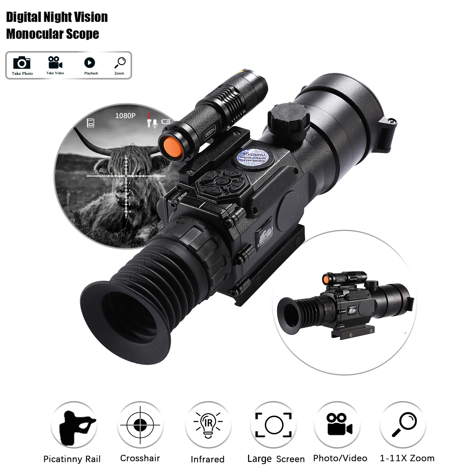 PQ1W Night Vision Sight Scope Infrared Camera Take Photo Video Playback WIFI Monocular Aiming Riflescope 11X for Hunting