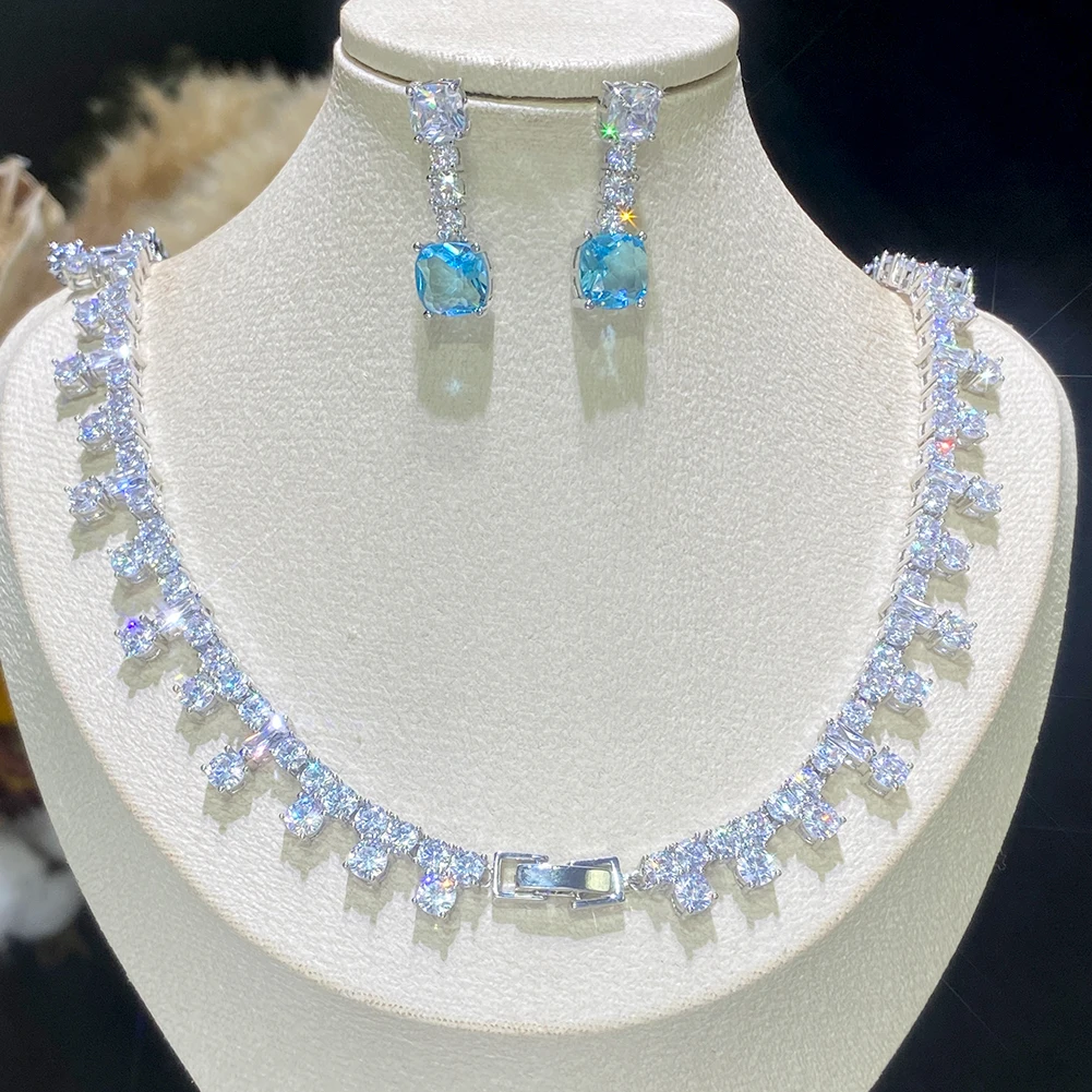 ASNORA Green Square Cubic Zirconia 2PCS Jewelry Sets For Women Luxury Bride Wedding Sky Blue Necklace And Earrings Accessories