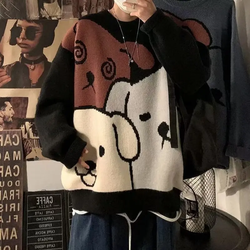 Unisex Cartoon Dog Pattern Oversize Sweater Contrast Color Warm Casual Knit Top 2026