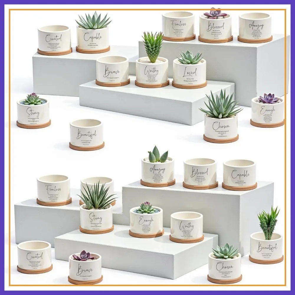 

24/36 Set Christian Gift Bible Verse Succulent Pots with Tray, 12 Scripture Quote, 3x2in Mini Ceramic Planter for Home Church