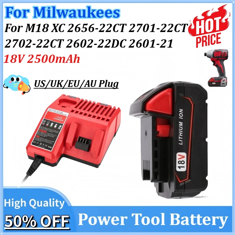 

18V 2500mAh Lithium Replacement Power Tools Battery for Milwaukees for M18 XC 2656-22CT 2701-22CT 2702-22CT 2602-22DC 2601-21
