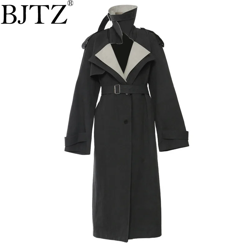 

BJTZ Contrast Color Spliced Design Trench Coat For Women 2025 Spring Autumn New Tide Lace-up Waist Temperament Loose Windbreaker