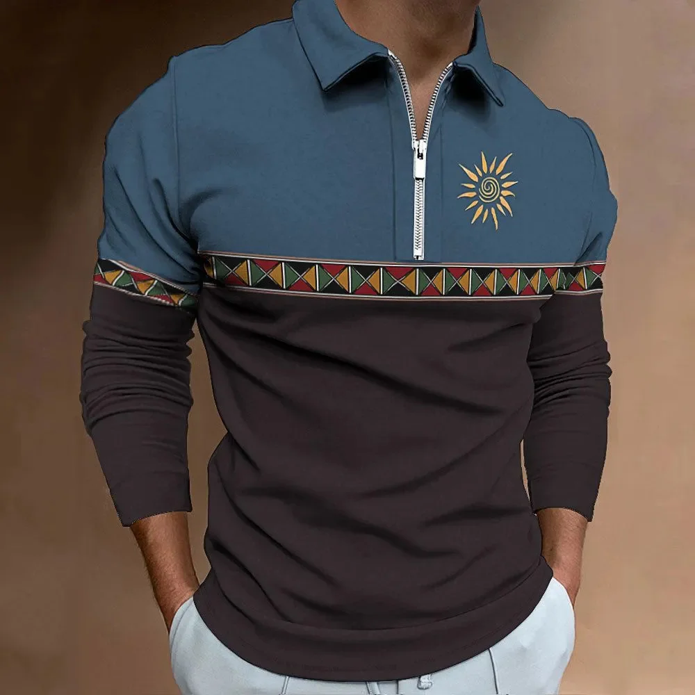 Camisas polo estampadas com bloqueio colorido masculina, roupa de golfe lapela, tops de manga comprida, com zíper casual, moda retrô, esporte