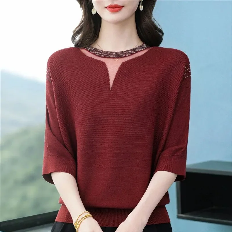 Ladies High-end Seven Divide Sleeve Knitted T-shirt Korean Women Fashion Round Neck Tops Summer Feminine Solid Color Knit Shirts