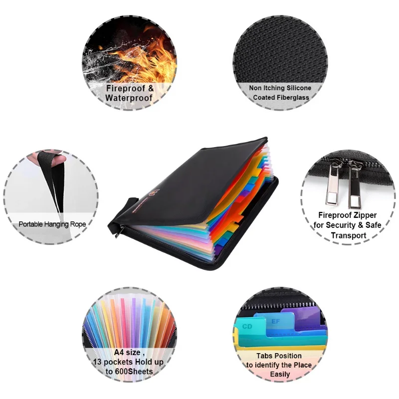 Portable Fireproof Water Resistant Document Bag Large Capacity Money File Folder Safe Bag with A4 Size 12 Pockets Zipper Closure