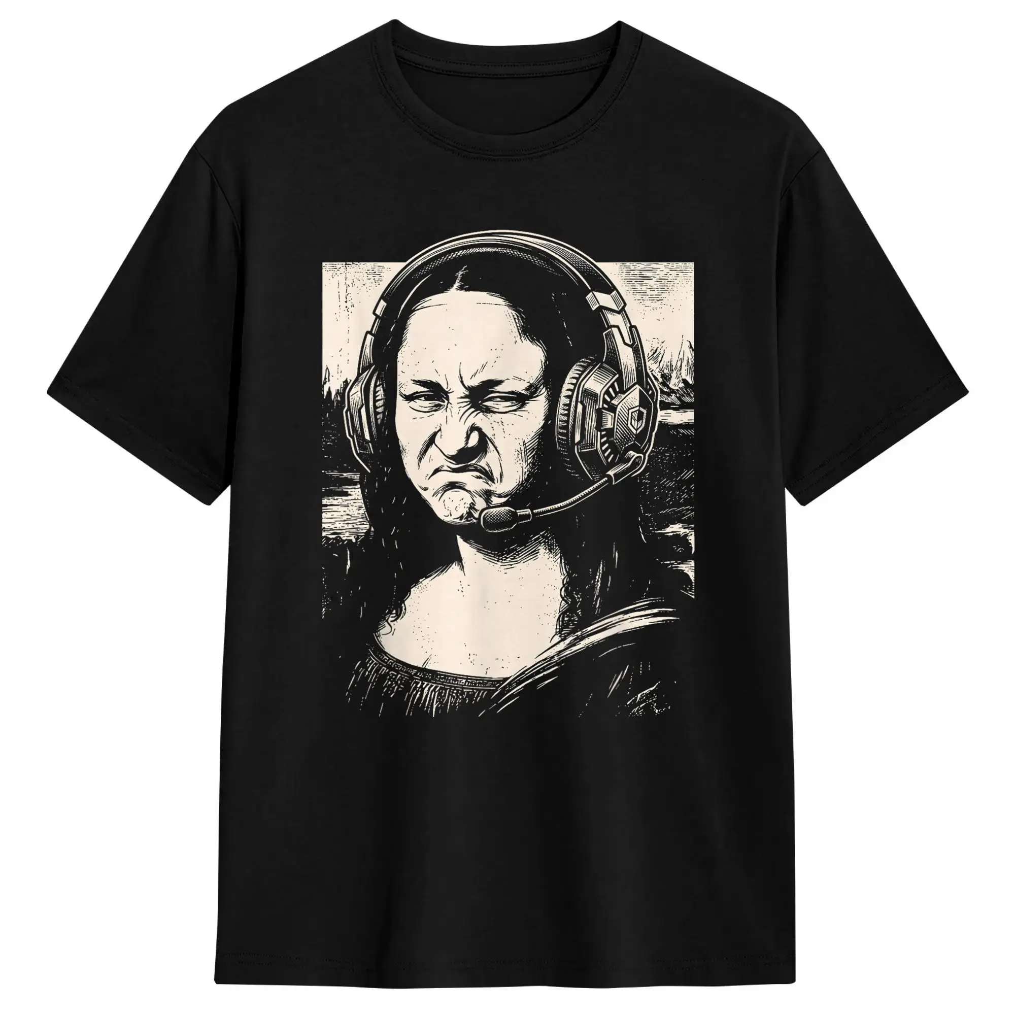 Mona Lisa Bass Face Headphones Funny Gamer Gaming Humor T-Shirt Men Crazy Cotton Tees Short Sleeve T Shirt Big Size Clothing
