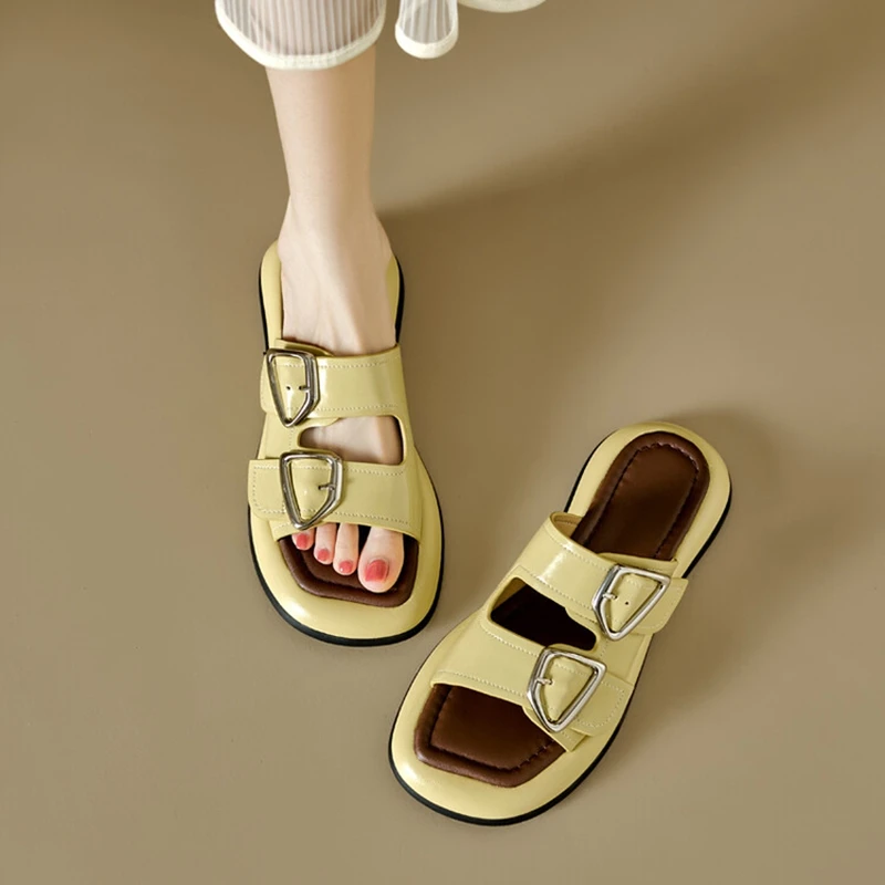 NEW Summer Women Slippers Split Leather Shoes for Women Square Toe Low Heel Women Sandals Casual Open Toe Metal Buckle Slippers