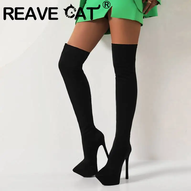 

REAVE CAT Эластичные атласные сапоги до бедра 53 см с острым носком на тонком высоком каблуке 14 см без шнуровки размера плюс 43, сексуальные вечерние ботинки для женщин S4294