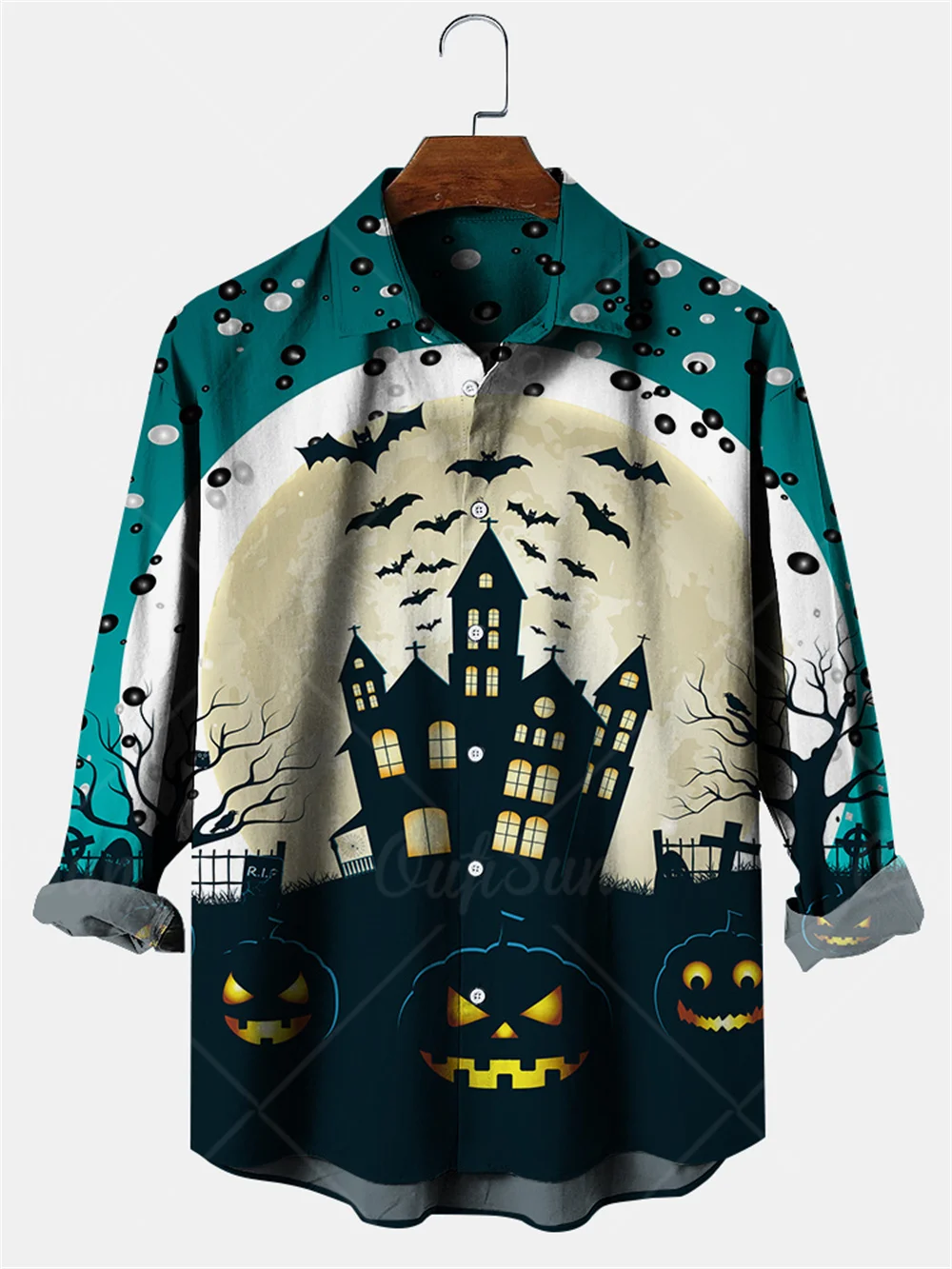 Fantasmas masculinos estilo Halloween camisas estampadas, blusas casuais de um único peito, camisa manga longa, camisa de rua lapela, roupas masculinas