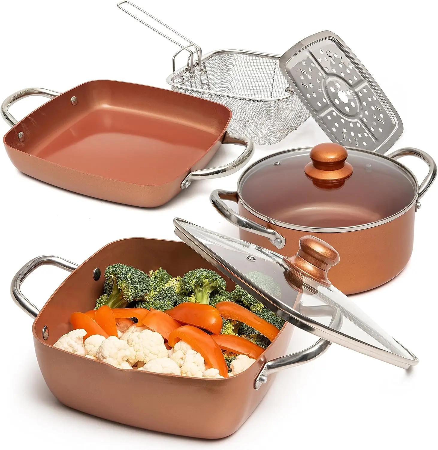 7 Pcs Copper Pots And Pans Set, Copper Chef Cookware Non Stick, Square Copper Pans for Cooking, Round Copper Pot & Fry Basket