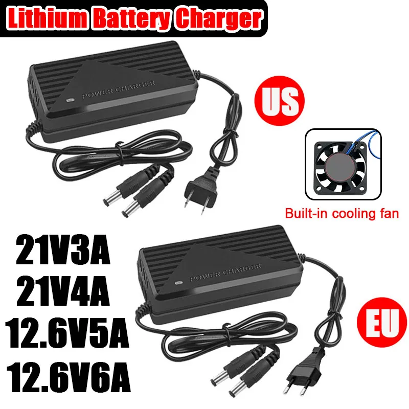 

EU US 21V3A 4A 18650 Lithium Battery Charger for 12.6V5A 6A with Cooling fan li-ion Battery Fast charging Double line DC 5.5*5.2