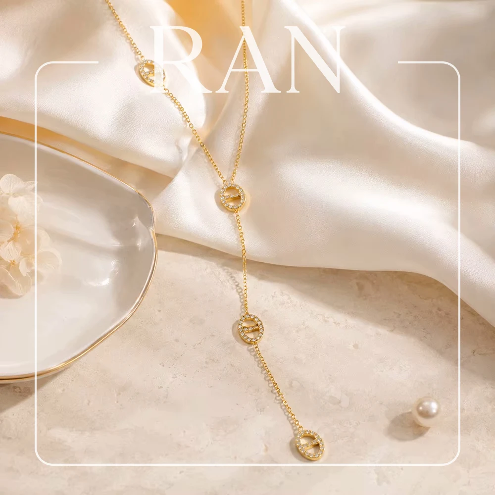 Stainless Steel Y Drop Necklace 18K Gold Plated Inlaid Zircon Pig Nose Mariner Link Necklaces Women Waterproof  Fashion Jewelry