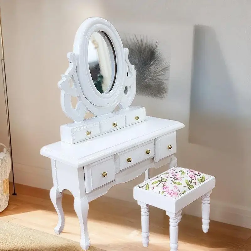 Prachtig poppenhuismeubilair; Mini-kaptafel met spiegel, kruk in schaal 1:12 Fantasiespelspeelgoed