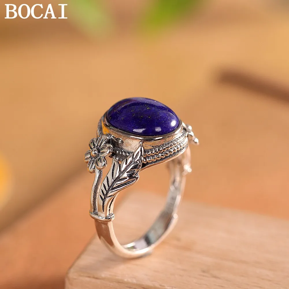 

BOCAI NEW S925 Silver Art Retro Inlaid With Lapis Lazuli Leaves Flowers Rings Ladies' Gifts