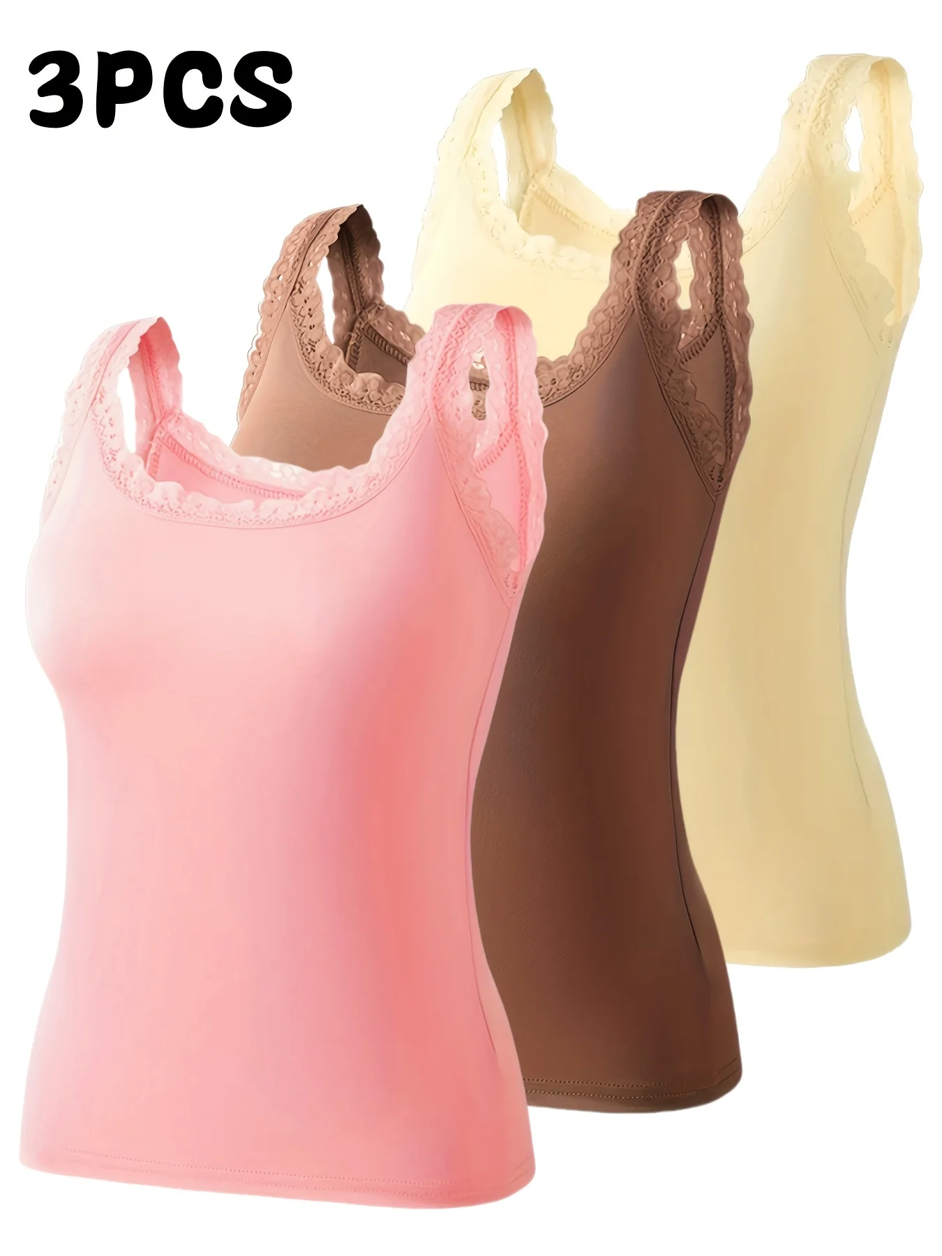 3-Pack lace-edged round neck elastic vest, simple solid color, casual and fashionable contrasting color versatile top