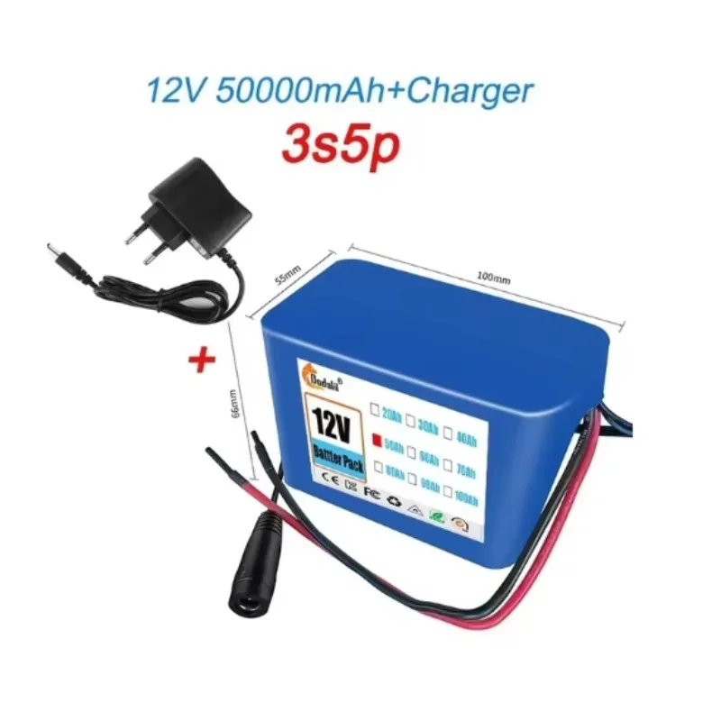 50000mAh Lithium Battery Pack 18650 Rechargeable Battery For Fishing Bicycle With BMS Charger 12V 3S5P Large Capacity Batteries