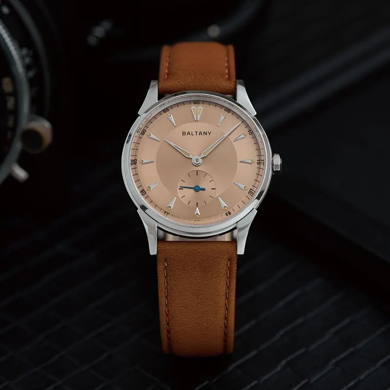 Baltany Vintage mechanische Armbanduhr, 38,5 mm, S4101, Retro, Gentleman, elegant, formell, kleine Sekunde, Saphirleder, Büro, Alltag, W – Detail 3