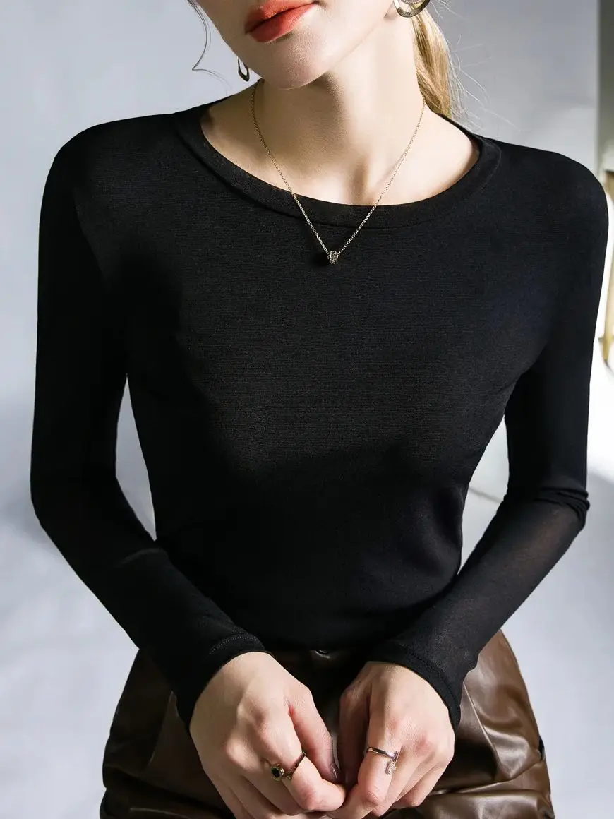 Spring Autumn High Strech Mesh T-Shirt Female Long Sleeve Round Collar Slim Tees Women Basic Simple T Shirts Tops