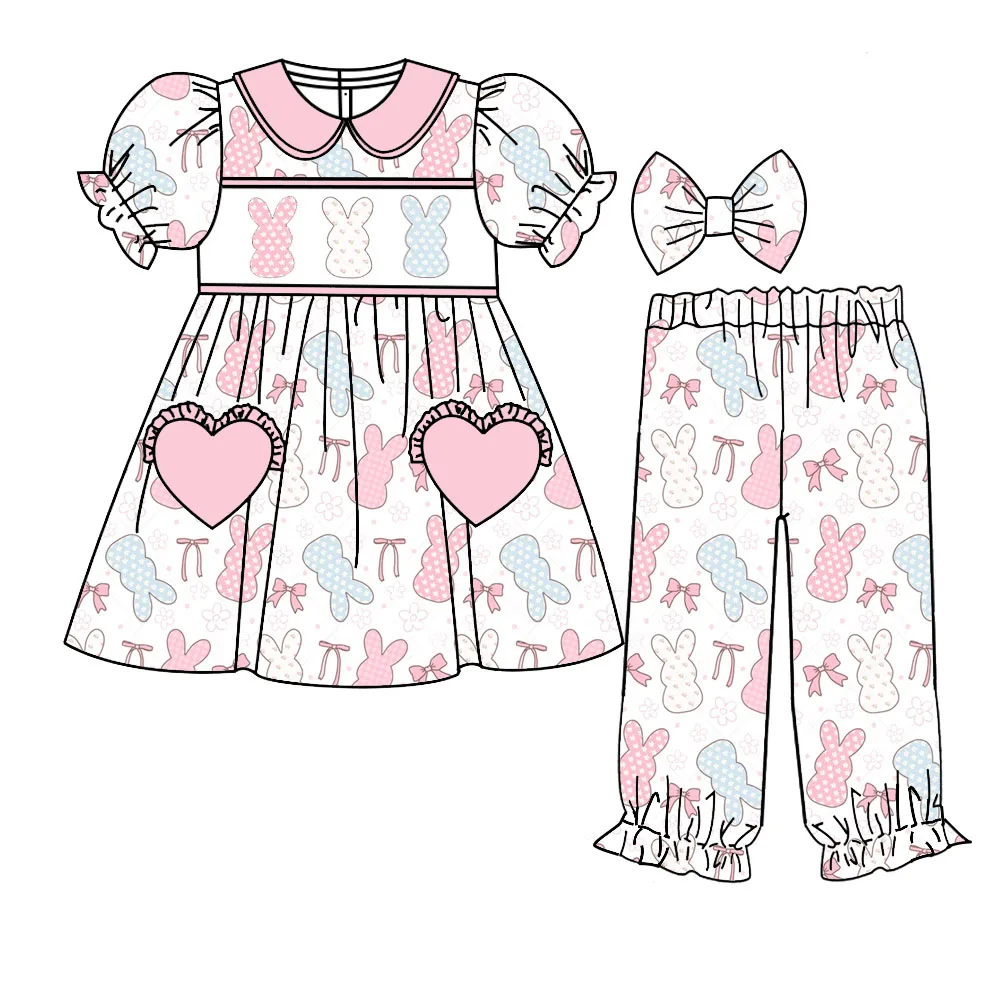 

Пасхальный новый комплект из топа и брюк с объемными рукавами и принтом кролика и банта для девочек, соответствующий бутиковой пижам с повязкой на голову