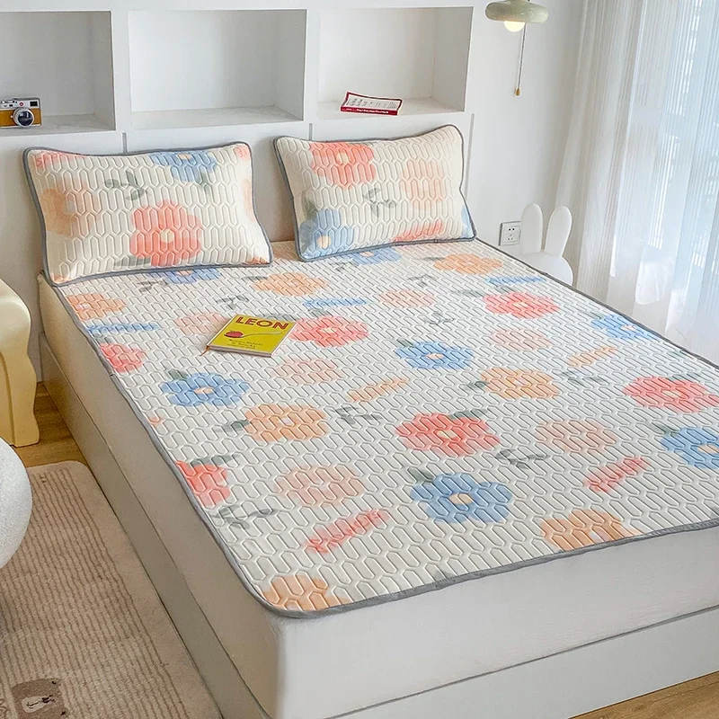 Print Natural Latex Summer Mat Ice Silk Breathable Bed Cooling Pad and Pillowcases Soft Folding Cool Mat Non Slip Bed Sheet Set
