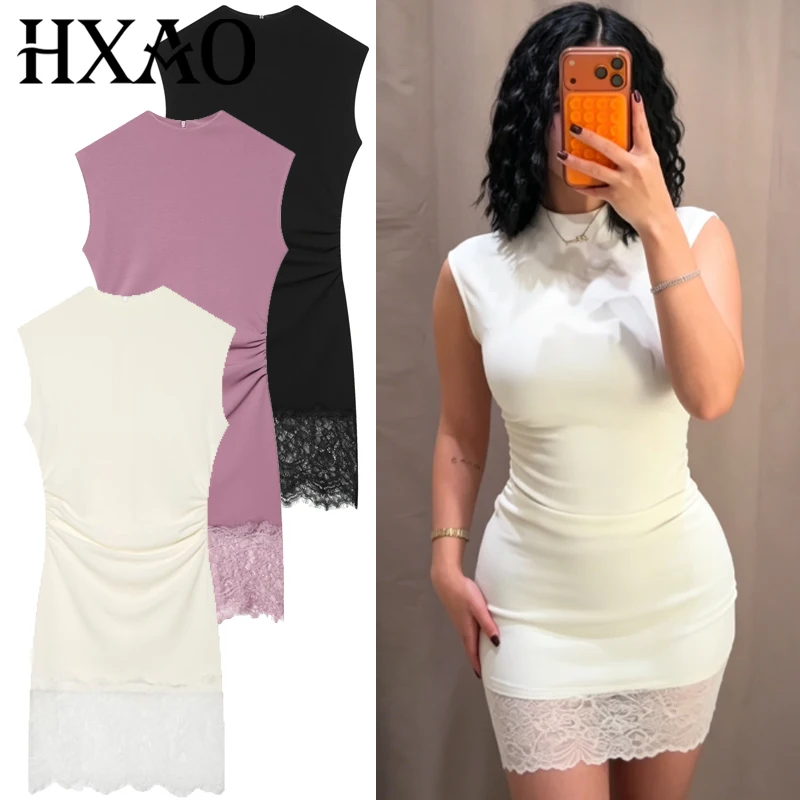 HXAO Geraffte Spitzenkleider für Damen Sommer 2026 Weiß Schwarz Lila Vestido Bodycon Mini Ärmellos Hochelastisches Kleid Partykleid