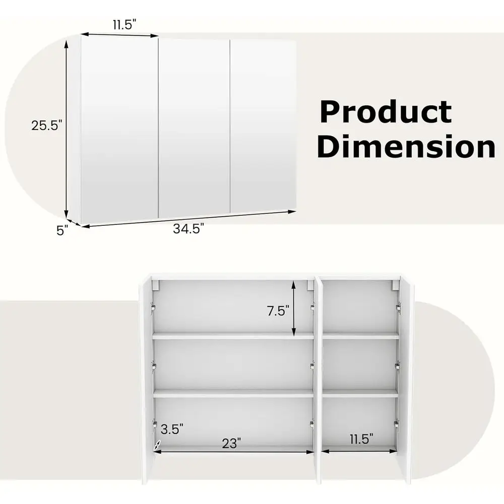 Large Wall-Mounted Mirrored Medicine Cabinet, 34.5 Wide Storage Organizer, White