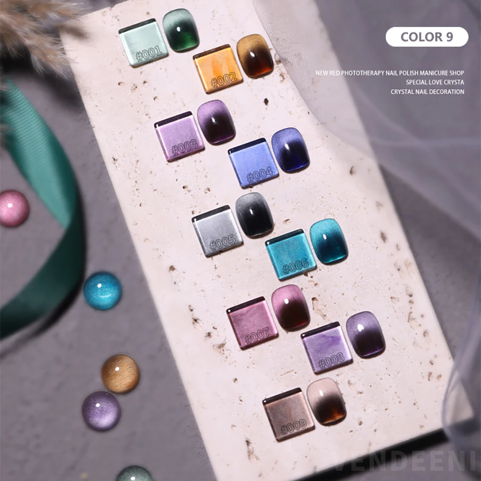 Set de esmalte en gel magnético ojo de gato Vendeeni 9 colores, UV LED, removible, con exhibidor 5