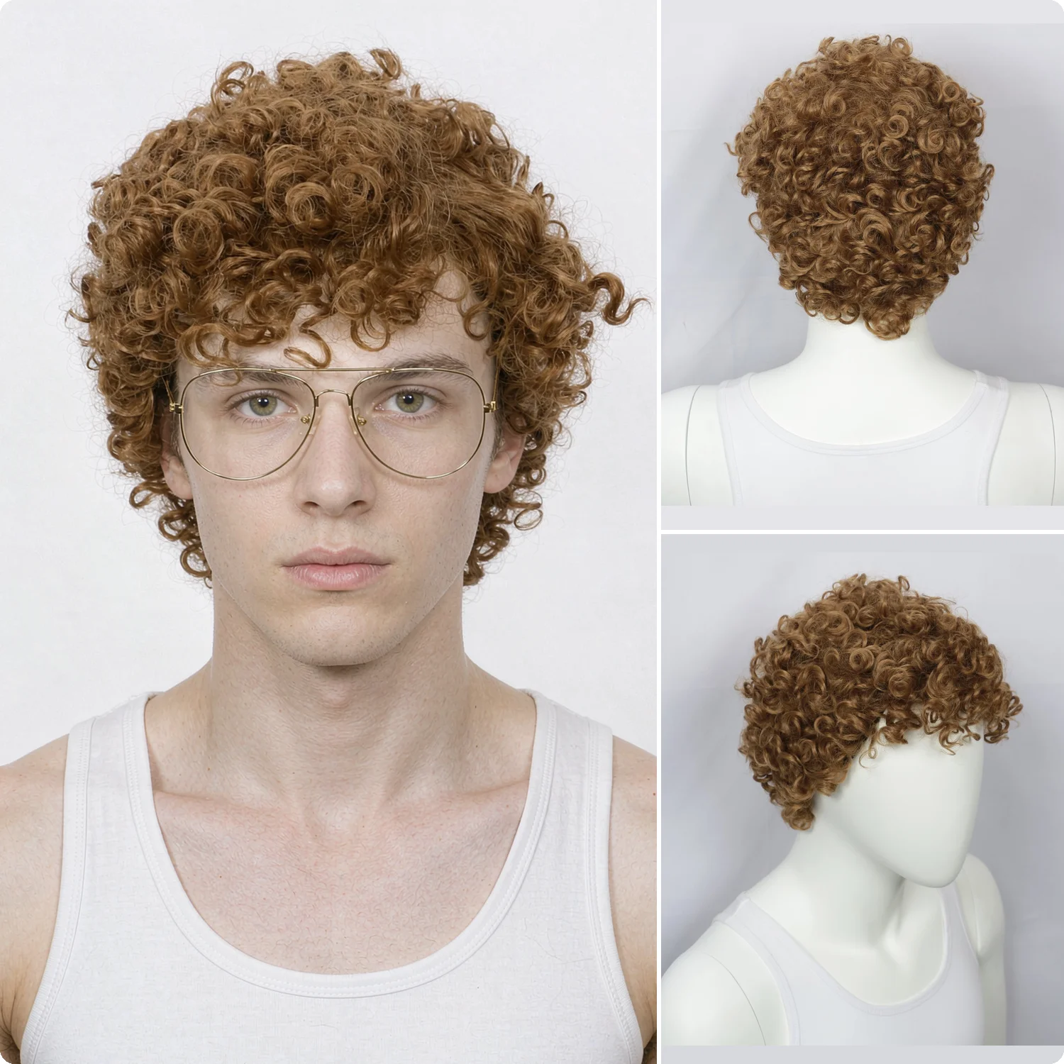 Short Curly Golden Brown Wig with Glasses for 18th Century Cosplay