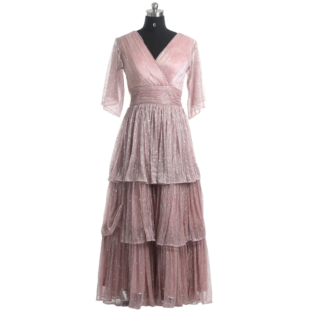 

Evening Dresses Pink V-neck Half Sleeves Bling Tiered Pleat A-line Floor Length Plus Size Zipper Back Women Party Dress LF221