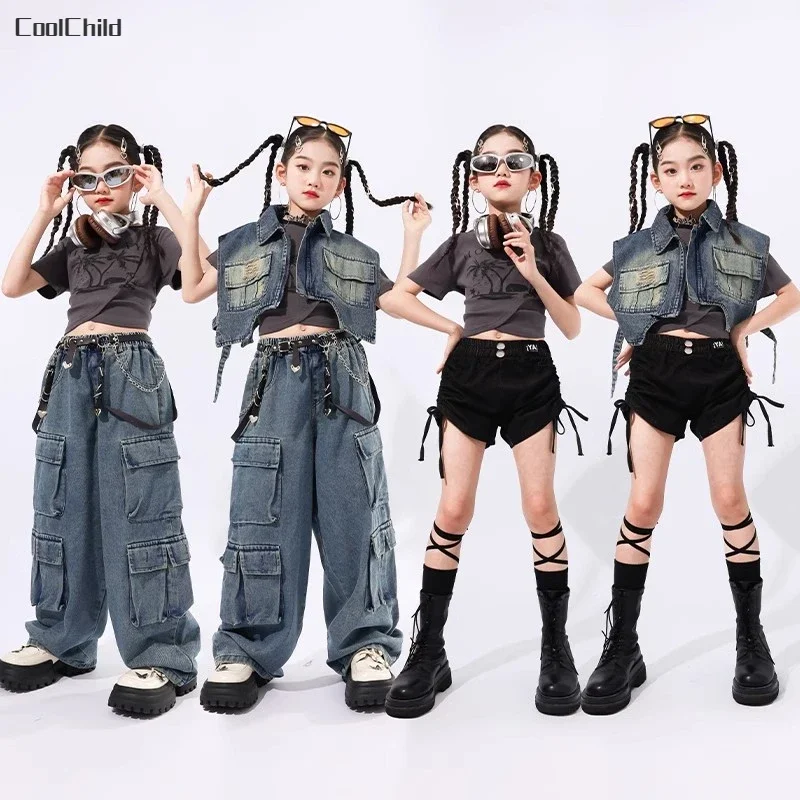 Hip Hop Girls Retro T-shirt Denim Vest Jeans Cargo Pants Children Street Dance Shorts Clothes Set Kids Streetwear K-pop Costumes