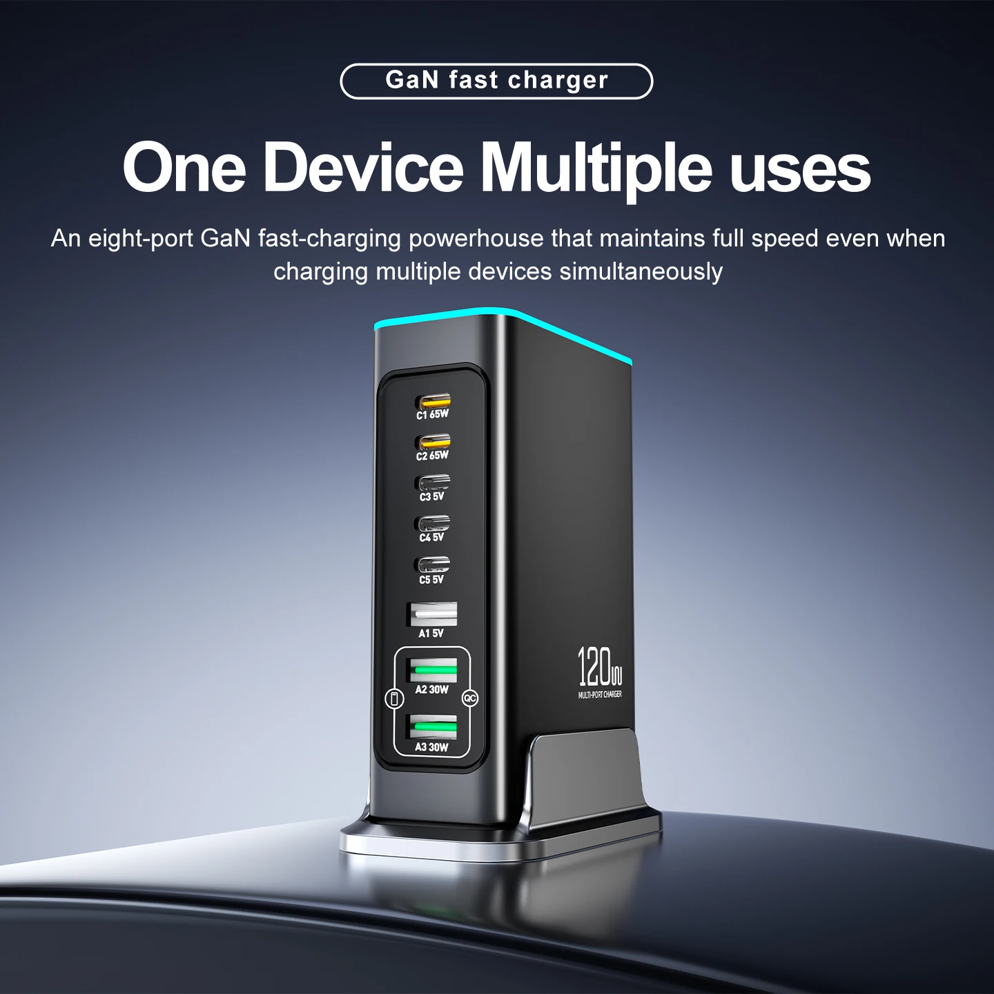 65W 120W Desktop GAN Charger Multi USB Charging Station 5-Port Type C Adapter PD Fast Charging Station for iPhone 18 17 Samsung