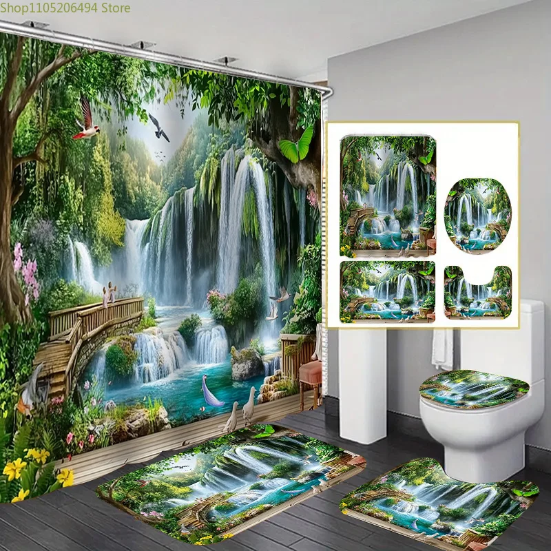 

1/4pcs Mountain View Shower Curtain Set, Decoration Bathroom Set Includes Shower Curtain, Non-Slip Floor Mat, Toilet Seat, Bat
