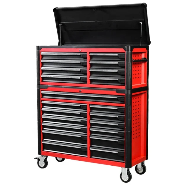 

Metal roller cabinet tool trolley with stainless steel working top and tool box with hand tools sets