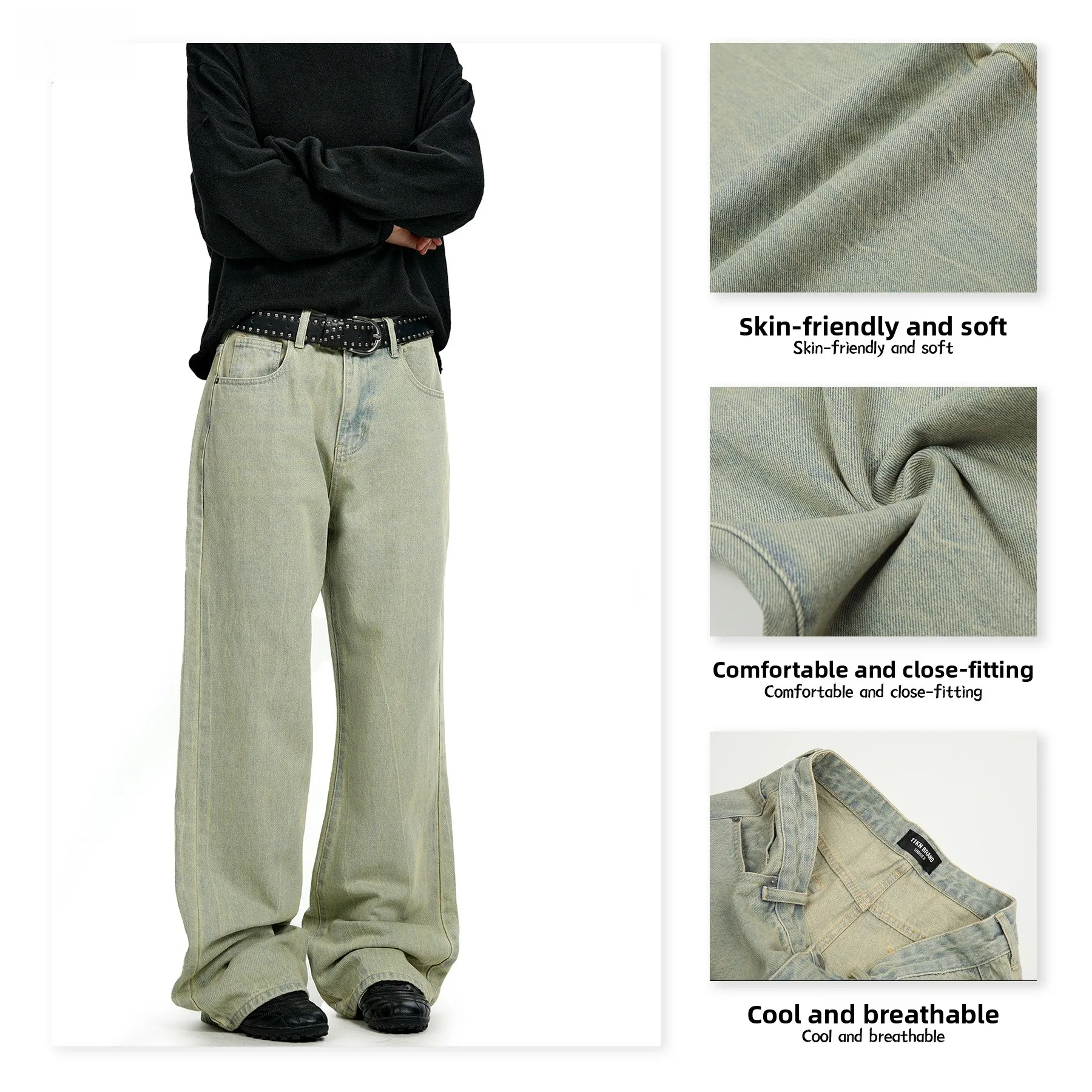 

American Sle Cloud Water Blue Jeans Men Women Waed Vintage Straight Leg Loose Casual Wide Leg Long Pants