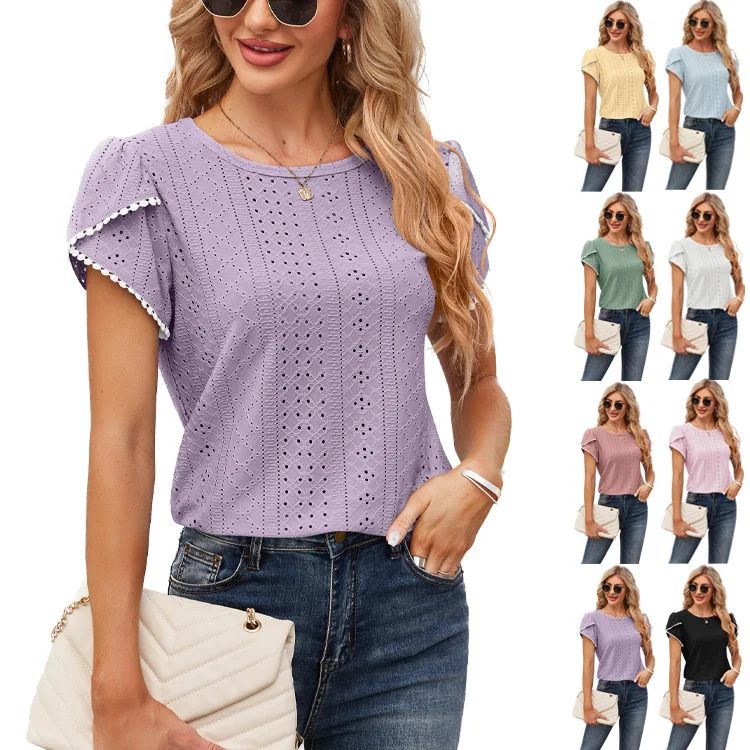 2024 Summer Women's Top Round Neck Petal Sleeve Loose Casual Hollow Out T-shirt Short Sleeve Tops Women's Clothing Casual Top